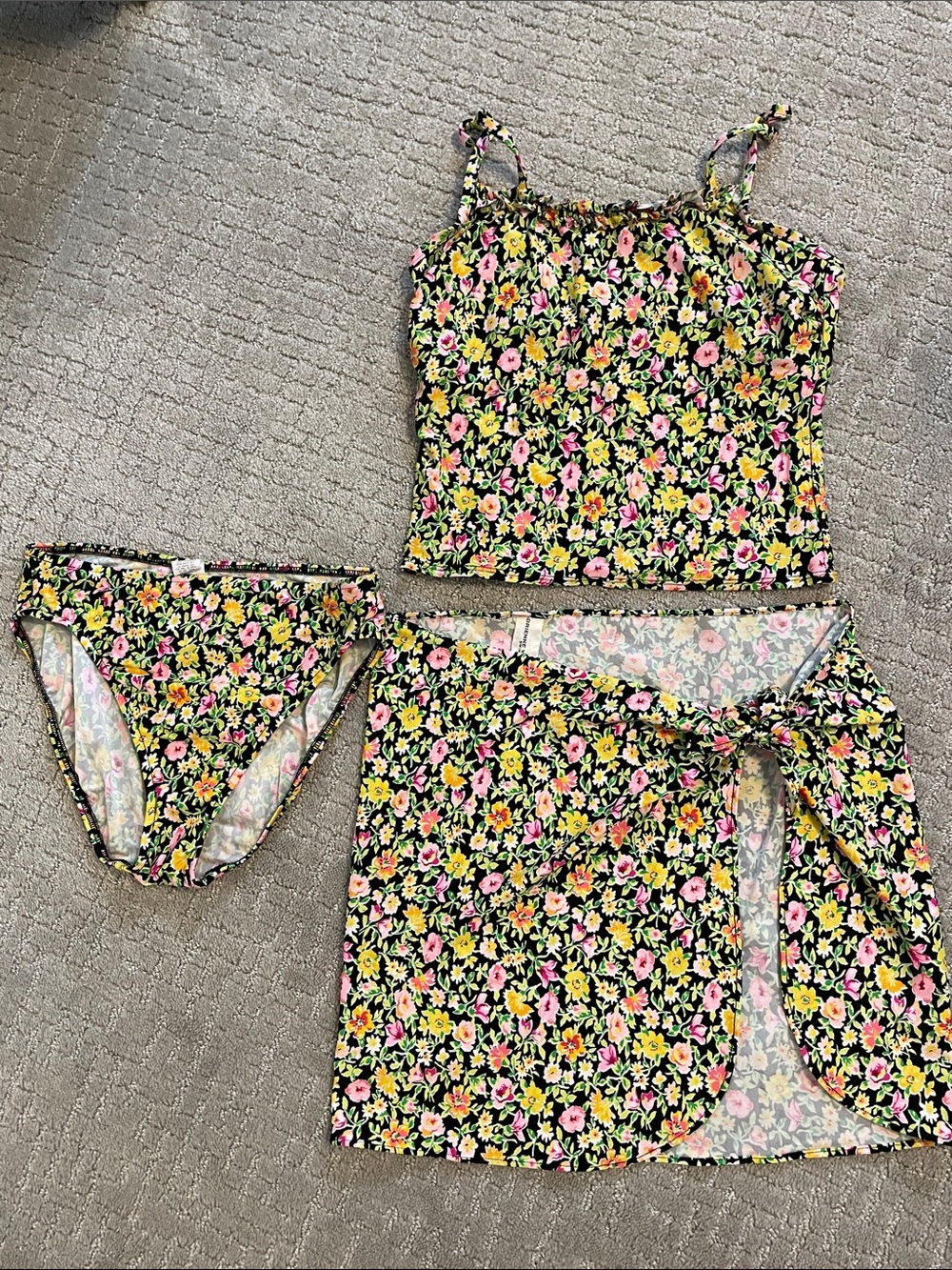 Adrienne Vittadini Black Floral Tankini Top, Bottom and Sarong Set